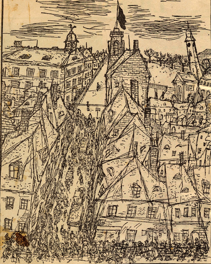 Bedřich Fritta (1906-1944 Auschwitz) Een zicht op het getto (1942-44) (Ghetto Fighters House – publiek domein)